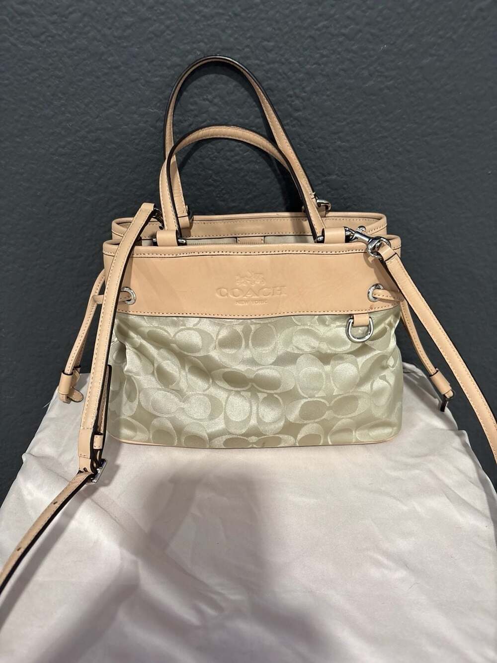 Coach Madison Signature Satin Drawstring Satchel Bag Champagne Beige